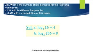 Q29. What is the number of bits per baud for the following
techniques?
a. FSK with 16 different frequencies
b. QAM with a constellation of 256 points.
© http://btechdu.blogspot.com/
 