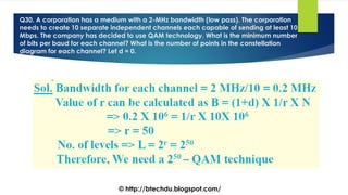 Q30. A corporation has a medium with a 2-MHz bandwidth (low pass). The corporation
needs to create 10 separate independent channels each capable of sending at least 10
Mbps. The company has decided to use QAM technology. What is the minimum number
of bits per baud for each channel? What is the number of points in the constellation
diagram for each channel? Let d = 0.
© http://btechdu.blogspot.com/
 
