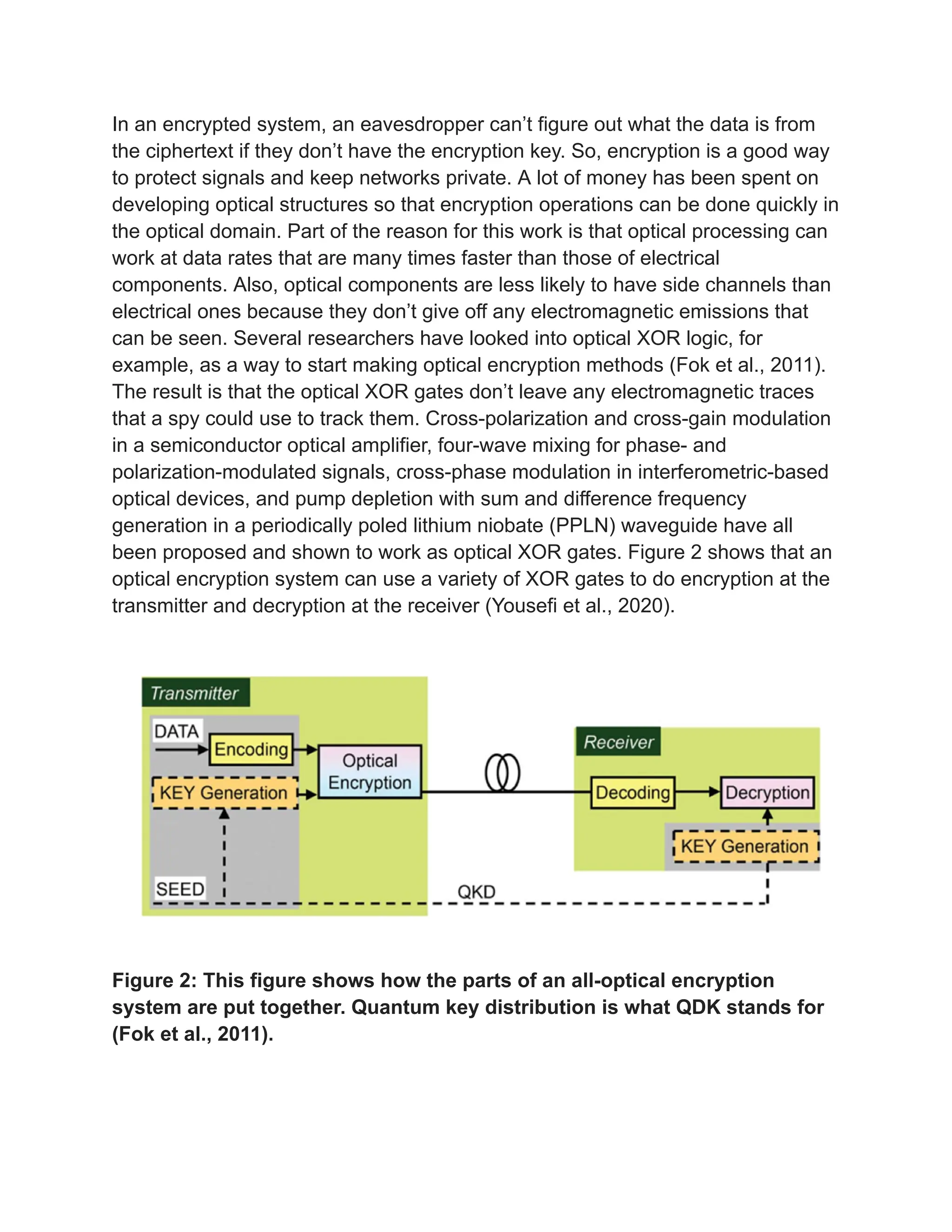 In an encrypted system, an eavesdropper can’t figure out what the data is from
the ciphertext if they don’t have the encryption key. So, encryption is a good way
to protect signals and keep networks private. A lot of money has been spent on
developing optical structures so that encryption operations can be done quickly in
the optical domain. Part of the reason for this work is that optical processing can
work at data rates that are many times faster than those of electrical
components. Also, optical components are less likely to have side channels than
electrical ones because they don’t give off any electromagnetic emissions that
can be seen. Several researchers have looked into optical XOR logic, for
example, as a way to start making optical encryption methods (Fok et al., 2011).
The result is that the optical XOR gates don’t leave any electromagnetic traces
that a spy could use to track them. Cross-polarization and cross-gain modulation
in a semiconductor optical amplifier, four-wave mixing for phase- and
polarization-modulated signals, cross-phase modulation in interferometric-based
optical devices, and pump depletion with sum and difference frequency
generation in a periodically poled lithium niobate (PPLN) waveguide have all
been proposed and shown to work as optical XOR gates. Figure 2 shows that an
optical encryption system can use a variety of XOR gates to do encryption at the
transmitter and decryption at the receiver (Yousefi et al., 2020).
Figure 2: This figure shows how the parts of an all-optical encryption
system are put together. Quantum key distribution is what QDK stands for
(Fok et al., 2011).
 