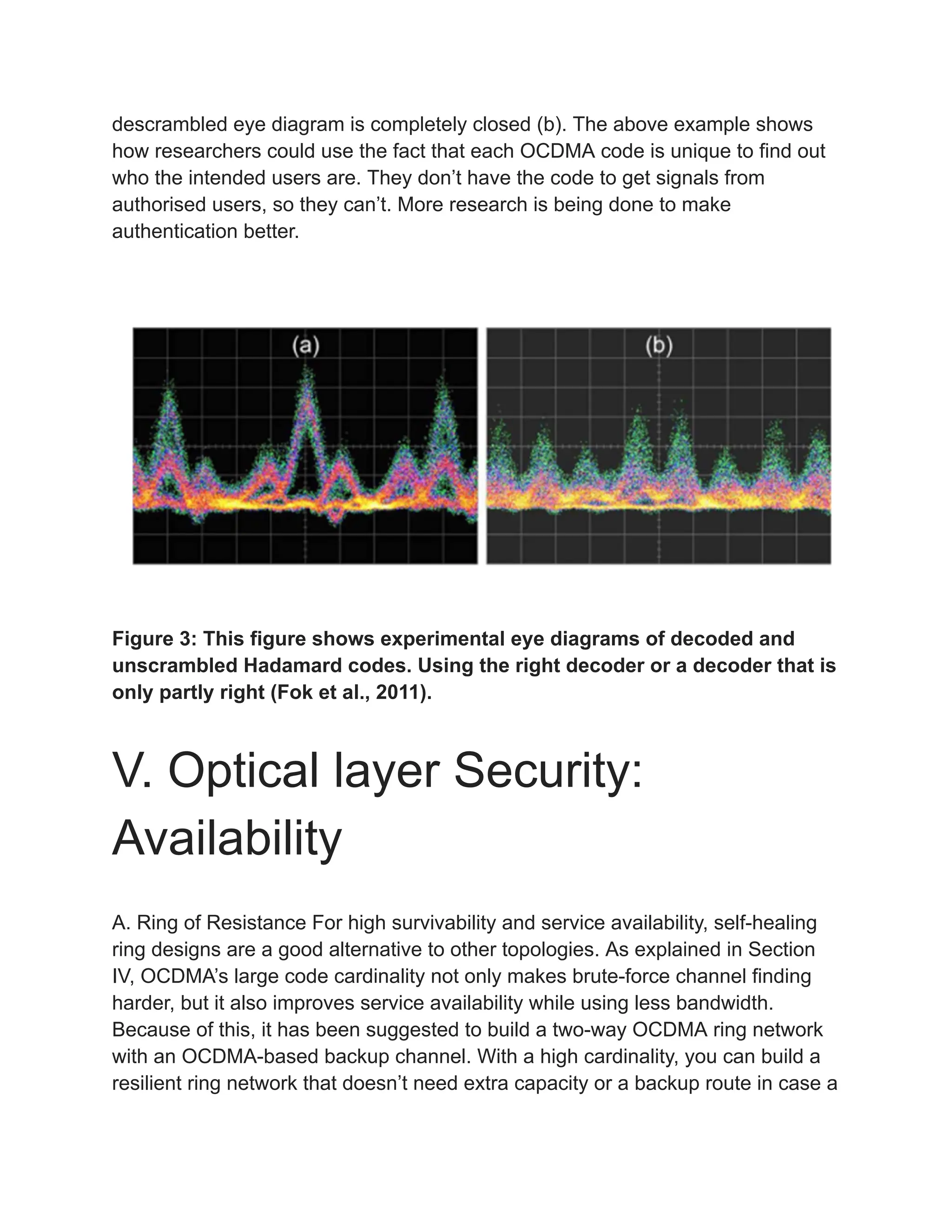 descrambled eye diagram is completely closed (b). The above example shows
how researchers could use the fact that each OCDMA code is unique to find out
who the intended users are. They don’t have the code to get signals from
authorised users, so they can’t. More research is being done to make
authentication better.
Figure 3: This figure shows experimental eye diagrams of decoded and
unscrambled Hadamard codes. Using the right decoder or a decoder that is
only partly right (Fok et al., 2011).
V. Optical layer Security:
Availability
A. Ring of Resistance For high survivability and service availability, self-healing
ring designs are a good alternative to other topologies. As explained in Section
IV, OCDMA’s large code cardinality not only makes brute-force channel finding
harder, but it also improves service availability while using less bandwidth.
Because of this, it has been suggested to build a two-way OCDMA ring network
with an OCDMA-based backup channel. With a high cardinality, you can build a
resilient ring network that doesn’t need extra capacity or a backup route in case a
 