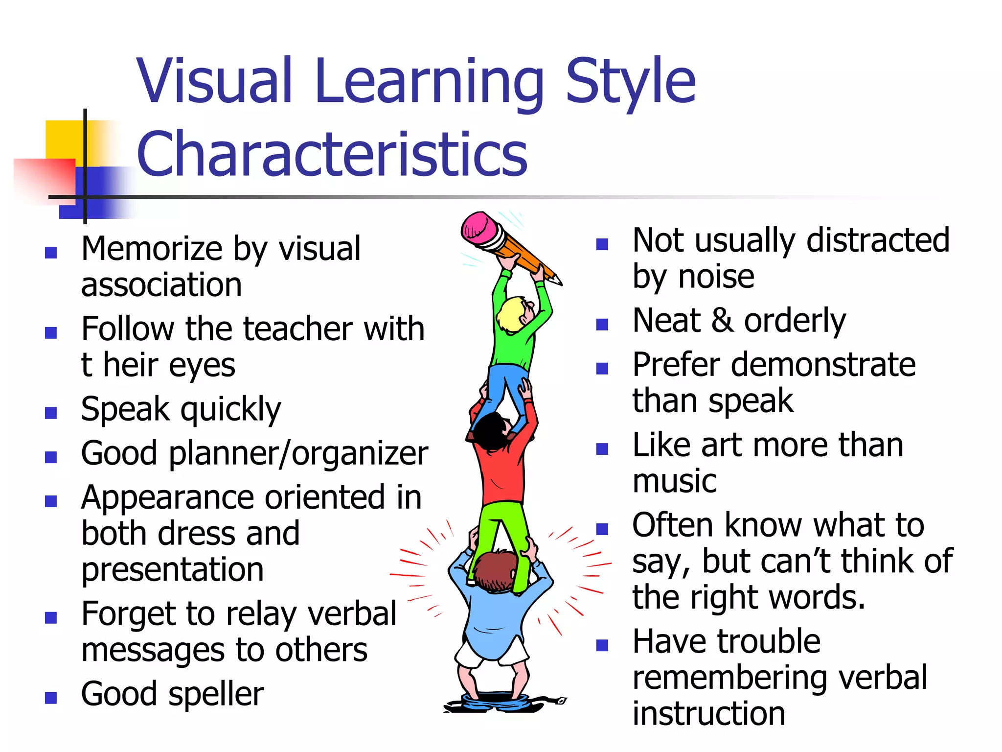 Visual Learning Style
Characteristics
 Memorize by visual
association
 Follow the teacher with
t heir eyes
 Speak quickly
 Good planner/organizer
 Appearance oriented in
both dress and
presentation
 Forget to relay verbal
messages to others
 Good speller
 Not usually distracted
by noise
 Neat & orderly
 Prefer demonstrate
than speak
 Like art more than
music
 Often know what to
say, but can’t think of
the right words.
 Have trouble
remembering verbal
instruction
 