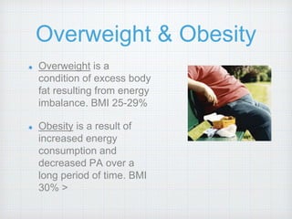 Overweight & Obesity
Overweight is a
condition of excess body
fat resulting from energy
imbalance. BMI 25-29%
Obesity is a result of
increased energy
consumption and
decreased PA over a
long period of time. BMI
30% >
 