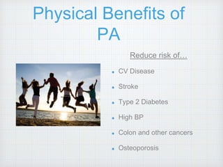 Physical Benefits of
PA
Reduce risk of…
CV Disease
Stroke
Type 2 Diabetes
High BP
Colon and other cancers
Osteoporosis
 