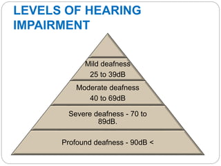 LEVELS OF HEARING
IMPAIRMENT
Mild deafness
25 to 39dB
Moderate deafness
40 to 69dB
Severe deafness - 70 to
89dB.
Profound deafness - 90dB <
 