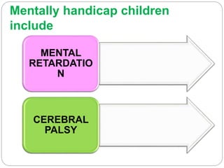 Mentally handicap children
include
MENTAL
RETARDATIO
N
CEREBRAL
PALSY
 