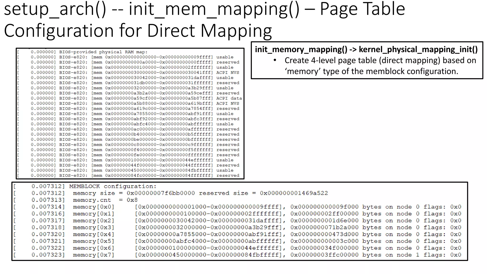 setup_arch() -- init_mem_mapping() – Page Table
Configuration for Direct Mapping
init_memory_mapping() -> kernel_physical_mapping_init()
• Create 4-level page table (direct mapping) based on
‘memory’ type of the memblock configuration.
 