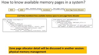 How to know available memory pages in a system?
BIOS e820 memblock Zone Page Frame Allocator
e820__memblock_setup() __free_pages_core()
[Call Path] memblock frees available memory space to zone page frame allocator
Zone page allocator detail will be discussed in another session:
physical memory management
 