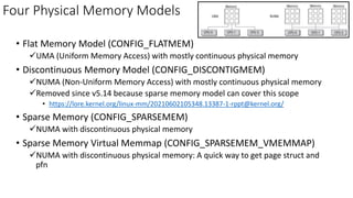 Four Physical Memory Models
• Flat Memory Model (CONFIG_FLATMEM)
✓UMA (Uniform Memory Access) with mostly continuous physical memory
• Discontinuous Memory Model (CONFIG_DISCONTIGMEM)
✓NUMA (Non-Uniform Memory Access) with mostly continuous physical memory
✓Removed since v5.14 because sparse memory model can cover this scope
• https://lore.kernel.org/linux-mm/20210602105348.13387-1-rppt@kernel.org/
• Sparse Memory (CONFIG_SPARSEMEM)
✓NUMA with discontinuous physical memory
• Sparse Memory Virtual Memmap (CONFIG_SPARSEMEM_VMEMMAP)
✓NUMA with discontinuous physical memory: A quick way to get page struct and
pfn
 