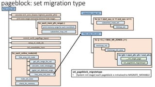 pageblock: set migration type
free_area_init
print zone ranges and early memory node ranges
for_each_mem_pfn_range(..)
print memory range for each memblock
subsection_map_init
mminit_verify_pageflags_layout
setup_nr_node_ids
init_unavailable_mem
for_each_online_node(nid)
free_area_init_node
node_set_state
check_for_memory
get_pfn_range_for_nid
calculate_node_totalpages
pgdat_set_deferred_range
free_area_init_core
free_area_init_core
memmap_init
for (j = 0; j < MAX_NR_ZONES; j++)
memmap_init_zone
subsection_map_init
subsection_mask_set
for (nr = start_sec; nr <= end_sec; nr++)
bitmap_set
calculate arch_zone_{lowest, highest}_possible_pfn[]
for (pfn = start_pfn; pfn < end_pfn;)
set_pageblock_migratetype
__init_single_page
set_pageblock_migratetype
• [System init stage] each pageblock is initialized to MIGRATE_MOVABLE
 