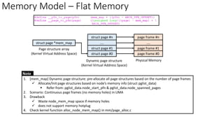 Memory Model – Flat Memory
struct page #n
....
struct page #1
struct page #0
Dynamic page structure
(Kernel Virtual Address Space)
struct page *mem_map
page frame #n
....
page frame #1
page frame #0
Physical Memory
Note
Page structure array
(Kernel Virtual Address Space)
1. [mem_map] Dynamic page structure: pre-allocate all page structures based on the number of page frames
✓ Allocate/Init page structures based on node’s memory info (struct pglist_data)
▪ Refer from: pglist_data.node_start_pfn & pglist_data.node_spanned_pages
2. Scenario: Continuous page frames (no memory holes) in UMA
3. Drawback
✓ Waste node_mem_map space if memory holes
✓ does not support memory hotplug
4. Check kernel function alloc_node_mem_map() in mm/page_alloc.c
 