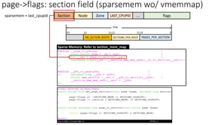 Node Zone flags
Section …
LAST_CPUPID
sparsemem + last_cpupid
page->flags: section field (sparsemem wo/ vmemmap)
Sparse Memory: Refer to section_mem_map
 