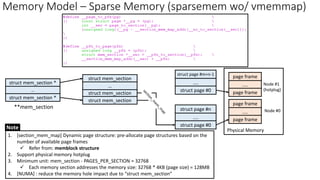 Memory Model – Sparse Memory (sparsemem wo/ vmemmap)
struct mem_section
page frame
....
page frame
Physical Memory
**mem_section
struct mem_section
struct mem_section
…
struct mem_section *
page frame
....
page frame
....
struct page #0
struct page #n
....
struct page #0
Node #1
(hotplug)
Node #0
…
struct mem_section *
1. [section_mem_map] Dynamic page structure: pre-allocate page structures based on the
number of available page frames
✓ Refer from: memblock structure
2. Support physical memory hotplug
3. Minimum unit: mem_section - PAGES_PER_SECTION = 32768
✓ Each memory section addresses the memory size: 32768 * 4KB (page size) = 128MB
4. [NUMA] : reduce the memory hole impact due to “struct mem_section”
Note
struct page #m+n-1
 