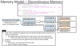 Memory Model – Discontinuous Memory
struct pglist_data *
page frame #000
....
page frame #1000
Physical Memory
1. [node_mem_map] Dynamic page structure: pre-allocate all page structures based on the
number of page frames
✓ Allocate/Init page structures based on node’s memory info (struct pglist_data)
▪ Refer from: pglist_data.node_start_pfn & pglist_data.node_spanned_pages
2. Scenario: Each node has continuous page frames (no memory holes) in NUMA
3. Drawback
✓ Waste node_mem_map space if memory holes
✓ does not support memory hotplug
NUMA Node Structure
(Kernel Virtual Address Space) struct pglist_data *
struct pglist_data *
…
struct pglist_data *node_data[]
page frame #999
....
page frame #0
struct page #n
....
struct page #0
struct page #n
....
struct page #0
node_mem_map
node_mem_map Node #1
Node #0
Note
 