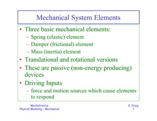 Mechatronics
Physical Modeling - Mechanical
K. Craig
1
Mechanical System Elements
• Three basic mechanical elements:
– Spring (elastic) element
– Damper (frictional) element
– Mass (inertia) element
• Translational and rotational versions
• These are passive (non-energy producing)
devices
• Driving Inputs
– force and motion sources which cause elements
to respond
 