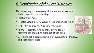 4. Examination of the Cranial Nerves
The following is a summary of the cranial nerves and
their respective functioning.
• I Olfactory- Smell
• II .optic-Visual acuity, visual fields and ocular fundi
• II,III . Occulo motor- Pupillary reactions
• III,IV,VI . Trochlear, Abducens- Extra-ocular
movements, including opening of the eyes
• V. Trigeminal- Facial sensation, movements of the jaw,
and corneal reflexes
 
