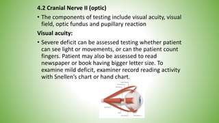 4.2 Cranial Nerve II (optic)
• The components of testing include visual acuity, visual
field, optic fundus and pupillary reaction
Visual acuity:
• Severe deficit can be assessed testing whether patient
can see light or movements, or can the patient count
fingers. Patient may also be assessed to read
newspaper or book having bigger letter size. To
examine mild deficit, examiner record reading activity
with Snellen’s chart or hand chart.
 