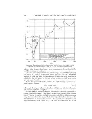 98 CHAPTER 6. TEMPERATURE, SALINITY, AND DENSITY
200 500 1000 1500 2000 2500
λ nm
10-2
104
103
102
101
100
10-1
10-3
Absorbtioncoefficient(m-1
)
Lenoble-Saint Guily (1955), path length: 400 cm;
Hulburt (1934)(1945), path length: 364 cm;
Sullivan (1963), path length: 132 cm;
Clarke-James (1939), path length: 97 cm (Ceresin lined tube);
James-Birge (1938), path length: 97 cm (Silver lined tube).
Infra-red
VisibleUV
violet
blue
green
yellow
orange
red
Figure 6.17 Absorption coeﬃcient for pure water as a function of wavelength λ of the
radiation. Redrawn from Morel (1974: 18, 19). See Morel (1974) for references.
where x is the distance along beam, c is an attenuation coeﬃcient (ﬁgure 6.17),
and I is irradiance or irradiance.
Radiance is the power per unit area per solid angle. It is useful for describing
the energy in a beam of light coming from a particular direction. Sometimes
we want to know how much light reaches some depth in the ocean regardless of
which direction it is going. In this case we use irradiance, which is the power
per unit area of surface.
If the absorption coeﬃcient is constant, the light intensity decreases expo-
nentially with distance.
I2 = I1 exp(−cx) (6.14)
where I1 is the original radiance or irradiance of light, and I2 is the radiance or
irradiance of light after absorption.
Clarity of Ocean Water Sea water in the middle of the ocean is very clear—
clearer than distilled water. These waters are a very deep, cobalt, blue—almost
black. Thus the strong current which ﬂows northward oﬀshore of Japan carrying
very clear water from the central Paciﬁc into higher latitudes is known as the
Black Current, or Kuroshio in Japanese. The clearest ocean water is called
Type I waters by Jerlov (ﬁgure 6.18). The water is so clear that 10% of the
 