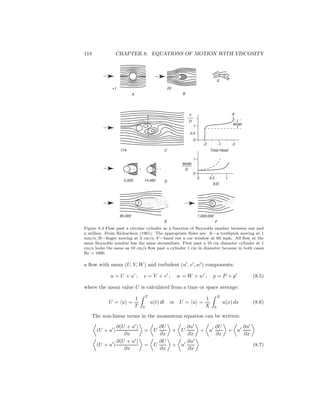 118 CHAPTER 8. EQUATIONS OF MOTION WITH VISCOSITY
S
A B
<1 20
S
SS
80,000 1,000,000
E F
Total Head
-2 -1 0
C174
A'
A
0.5
0
1 Width
Y
D
A'
5,000 14,480
1
0
0.5 1
D
X/D
Width
D
0
Figure 8.3 Flow past a circular cylinder as a function of Reynolds number between one and
a million. From Richardson (1961). The appropriate ﬂows are: A—a toothpick moving at 1
mm/s; B—ﬁnger moving at 2 cm/s; F—hand out a car window at 60 mph. All ﬂow at the
same Reynolds number has the same streamlines. Flow past a 10 cm diameter cylinder at 1
cm/s looks the same as 10 cm/s ﬂow past a cylinder 1 cm in diameter because in both cases
Re = 1000.
a ﬂow with mean (U, V, W) and turbulent (u′
, v′
, w′
) components:
u = U + u′
; v = V + v′
; w = W + w′
; p = P + p′
(8.5)
where the mean value U is calculated from a time or space average:
U = u =
1
T
T
0
u(t) dt or U = u =
1
X
X
0
u(x) dx (8.6)
The non-linear terms in the momentum equation can be written:
(U + u′
)
∂(U + u′
)
∂x
= U
∂U
∂x
+ U
∂u′
∂x
+ u′ ∂U
∂x
+ u′ ∂u′
∂x
(U + u′
)
∂(U + u′
)
∂x
= U
∂U
∂x
+ u′ ∂u′
∂x
(8.7)
 