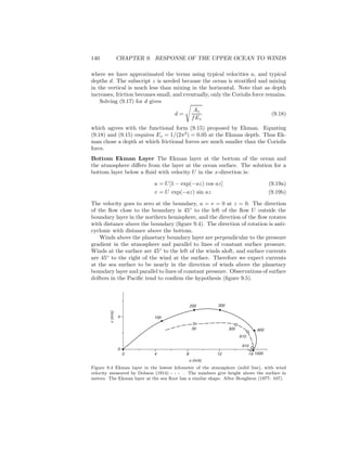 140 CHAPTER 9. RESPONSE OF THE UPPER OCEAN TO WINDS
where we have approximated the terms using typical velocities u, and typical
depths d. The subscript z is needed because the ocean is stratiﬁed and mixing
in the vertical is much less than mixing in the horizontal. Note that as depth
increases, friction becomes small, and eventually, only the Coriolis force remains.
Solving (9.17) for d gives
d =
Az
fEz
(9.18)
which agrees with the functional form (9.15) proposed by Ekman. Equating
(9.18) and (9.15) requires Ez = 1/(2π2
) = 0.05 at the Ekman depth. Thus Ek-
man chose a depth at which frictional forces are much smaller than the Coriolis
force.
Bottom Ekman Layer The Ekman layer at the bottom of the ocean and
the atmosphere diﬀers from the layer at the ocean surface. The solution for a
bottom layer below a ﬂuid with velocity U in the x-direction is:
u = U[1 − exp(−az) cos az] (9.19a)
v = U exp(−az) sin az (9.19b)
The velocity goes to zero at the boundary, u = v = 0 at z = 0. The direction
of the ﬂow close to the boundary is 45◦
to the left of the ﬂow U outside the
boundary layer in the northern hemisphere, and the direction of the ﬂow rotates
with distance above the boundary (ﬁgure 9.4). The direction of rotation is anti-
cyclonic with distance above the bottom.
Winds above the planetary boundary layer are perpendicular to the pressure
gradient in the atmosphere and parallel to lines of constant surface pressure.
Winds at the surface are 45◦
to the left of the winds aloft, and surface currents
are 45◦
to the right of the wind at the surface. Therefore we expect currents
at the sea surface to be nearly in the direction of winds above the planetary
boundary layer and parallel to lines of constant pressure. Observations of surface
drifters in the Paciﬁc tend to conﬁrm the hypothesis (ﬁgure 9.5).
4
0
4 8 12
u (m/s)
v(m/s)
200 300
600
1000
30 305
610
910
100
0 16
Figure 9.4 Ekman layer in the lowest kilometer of the atmosphere (solid line), with wind
velocity measured by Dobson (1914) - - - . The numbers give height above the surface in
meters. The Ekman layer at the sea ﬂoor has a similar shape. After Houghton (1977: 107).
 
