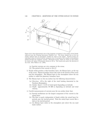 148 CHAPTER 9. RESPONSE OF THE UPPER OCEAN TO WINDS
-10
-20
10
V
10
10
20
0
W
U
T
Figure 9.9 A three-dimensional view of the Langmuir circulation at the surface of the Paciﬁc
observed from the Floating Instrument Platform flip. The heavy dashed line on the sea
surface indicate lines of convergence marked by cards on the surface. Vertical arrows are
individual values of vertical velocity measured every 14 seconds at 23 m depth as the platform
drifted through the Langmuir currents. Horizontal arrows, which are drawn on the surface
for clarity, are values of horizontal velocity at 23 m. The broad arrow gives the direction of
the wind. After Weller et al. (1985).
(a) Inertial currents are very common in the ocean.
(b) The period of the current is (2π)/f.
2. Steady winds produce a thin boundary layer, the Ekman layer, at the top
of the ocean. Ekman boundary layers also exist at the bottom of the ocean
and the atmosphere. The Ekman layer in the atmosphere above the sea
surface is called the planetary boundary layer.
3. The Ekman layer at the sea surface has the following characteristics:
(a) Direction: 45◦
to the right of the wind looking downwind in the
Northern Hemisphere.
(b) Surface Speed: 1–2.5% of wind speed depending on latitude.
(c) Depth: approximately 40–300 m depending on latitude and wind
velocity.
4. Careful measurements of currents near the sea surface show that:
(a) Inertial oscillations are the largest component of the current in the
mixed layer.
(b) The ﬂow is nearly independent of depth within the mixed layer for
periods near the inertial period. Thus the mixed layer moves like a
slab at the inertial period.
(c) An Ekman layer exists in the atmosphere just above the sea (and
land) surface.
 