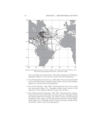 10 CHAPTER 2. THE HISTORICAL SETTING
60o
40o
20o
0o
-20o
-40o
20o
0o
-20o
-40o
-60o
-80o
-100o
Figure 2.3 Example from the era of new methods. The cruises of the R/V Atlantis out of
Woods Hole Oceanographic Institution. After Wust (1964).
tions, especially near colonial claims. The major example is the Challenger
Expedition (ﬁgure 2.1), but also the Gazelle and Fram Expeditions.
3. Era of National Systematic Surveys: 1925–1940. Characterized by detailed
surveys of colonial areas. Examples include Meteor surveys of the Atlantic
(ﬁgure 2.2), and the Discovery Expeditions.
4. Era of New Methods: 1947–1956. Characterized by long surveys using
new instruments (ﬁgure 2.3). Examples include seismic surveys of the
Atlantic by Vema leading to Heezen’s maps of the sea ﬂoor.
5. Era of International Cooperation: 1957–1978. Characterized by multina-
tional surveys of ocean and studies of oceanic processes. Examples include
the Atlantic Polar Front Program, the norpac cruises, the International
Geophysical Year cruises, and the International Decade of Ocean Explo-
ration (ﬁgure 2.4). Multiship studies of oceanic processes include mode,
polymode, norpax, and jasin experiments.
 