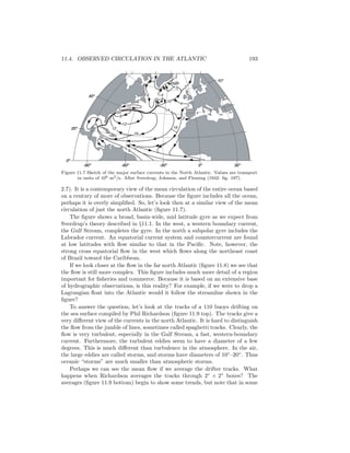 11.4. OBSERVED CIRCULATION IN THE ATLANTIC 193
0o
20o
40o
30o
0o
-30o
-60o
-90o
60o
3
3 3
6
5
6
4
-4
14
10
1612
12
16
26
55
10
2
Figure 11.7 Sketch of the major surface currents in the North Atlantic. Values are transport
in units of 106 m3/s. After Sverdrup, Johnson, and Fleming (1942: ﬁg. 187).
2.7). It is a contemporary view of the mean circulation of the entire ocean based
on a century of more of observations. Because the ﬁgure includes all the ocean,
perhaps it is overly simpliﬁed. So, let’s look then at a similar view of the mean
circulation of just the north Atlantic (ﬁgure 11.7).
The ﬁgure shows a broad, basin-wide, mid latitude gyre as we expect from
Sverdrup’s theory described in §11.1. In the west, a western boundary current,
the Gulf Stream, completes the gyre. In the north a subpolar gyre includes the
Labrador current. An equatorial current system and countercurrent are found
at low latitudes with ﬂow similar to that in the Paciﬁc. Note, however, the
strong cross equatorial ﬂow in the west which ﬂows along the northeast coast
of Brazil toward the Caribbean.
If we look closer at the ﬂow in the far north Atlantic (ﬁgure 11.8) we see that
the ﬂow is still more complex. This ﬁgure includes much more detail of a region
important for ﬁsheries and commerce. Because it is based on an extensive base
of hydrographic observations, is this reality? For example, if we were to drop a
Lagrangian ﬂoat into the Atlantic would it follow the streamline shown in the
ﬁgure?
To answer the question, let’s look at the tracks of a 110 buoys drifting on
the sea surface compiled by Phil Richardson (ﬁgure 11.9 top). The tracks give a
very diﬀerent view of the currents in the north Atlantic. It is hard to distinguish
the ﬂow from the jumble of lines, sometimes called spaghetti tracks. Clearly, the
ﬂow is very turbulent, especially in the Gulf Stream, a fast, western-boundary
current. Furthermore, the turbulent eddies seem to have a diameter of a few
degrees. This is much diﬀerent than turbulence in the atmosphere. In the air,
the large eddies are called storms, and storms have diameters of 10◦
–20◦
. Thus
oceanic “storms” are much smaller than atmospheric storms.
Perhaps we can see the mean ﬂow if we average the drifter tracks. What
happens when Richardson averages the tracks through 2◦
× 2◦
boxes? The
averages (ﬁgure 11.9 bottom) begin to show some trends, but note that in some
 