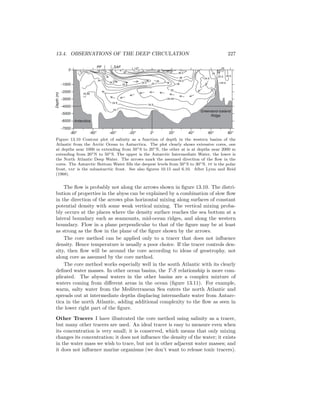 13.4. OBSERVATIONS OF THE DEEP CIRCULATION 227
34.7
34.68
34.1
34.2
.5
.3
34.7
34.8
34.9
34.94
35
34.7
35.5
36
36.537
36
<34.9
<34.9
34.934.9
35
35
.8
34.5
34.3
36
<37
34.9
Greenland-Iceland
Ridge
Antarctica
-7000
-6000
-5000
-4000
-3000
-2000
-1000
0
-80o
-60o
-40o
-20o
0o
20o
40o
60o
80o
Depth(m)
PF SAF
Figure 13.10 Contour plot of salinity as a function of depth in the western basins of the
Atlantic from the Arctic Ocean to Antarctica. The plot clearly shows extensive cores, one
at depths near 1000 m extending from 50◦S to 20◦N, the other at is at depths near 2000 m
extending from 20◦N to 50◦S. The upper is the Antarctic Intermediate Water, the lower is
the North Atlantic Deep Water. The arrows mark the assumed direction of the ﬂow in the
cores. The Antarctic Bottom Water ﬁlls the deepest levels from 50◦S to 30◦N. pf is the polar
front, saf is the subantarctic front. See also ﬁgures 10.15 and 6.10. After Lynn and Reid
(1968).
The ﬂow is probably not along the arrows shown in ﬁgure 13.10. The distri-
bution of properties in the abyss can be explained by a combination of slow ﬂow
in the direction of the arrows plus horizontal mixing along surfaces of constant
potential density with some weak vertical mixing. The vertical mixing proba-
bly occurs at the places where the density surface reaches the sea bottom at a
lateral boundary such as seamounts, mid-ocean ridges, and along the western
boundary. Flow in a plane perpendicular to that of the ﬁgure may be at least
as strong as the ﬂow in the plane of the ﬁgure shown by the arrows.
The core method can be applied only to a tracer that does not inﬂuence
density. Hence temperature is usually a poor choice. If the tracer controls den-
sity, then ﬂow will be around the core according to ideas of geostrophy, not
along core as assumed by the core method.
The core method works especially well in the south Atlantic with its clearly
deﬁned water masses. In other ocean basins, the T-S relationship is more com-
plicated. The abyssal waters in the other basins are a complex mixture of
waters coming from diﬀerent areas in the ocean (ﬁgure 13.11). For example,
warm, salty water from the Mediterranean Sea enters the north Atlantic and
spreads out at intermediate depths displacing intermediate water from Antarc-
tica in the north Atlantic, adding additional complexity to the ﬂow as seen in
the lower right part of the ﬁgure.
Other Tracers I have illustrated the core method using salinity as a tracer,
but many other tracers are used. An ideal tracer is easy to measure even when
its concentration is very small; it is conserved, which means that only mixing
changes its concentration; it does not inﬂuence the density of the water; it exists
in the water mass we wish to trace, but not in other adjacent water masses; and
it does not inﬂuence marine organisms (we don’t want to release toxic tracers).
 