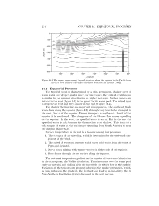 234 CHAPTER 14. EQUATORIAL PROCESSES
10o
15o
20o
25o
160o
180o
-160o
-140o
-120o
-100o
-80o
Longitude
-600
-500
-400
-300
-200
-100
Depth(m)
0
Figure 14.2 The mean, upper-ocean, thermal structure along the equator in the Paciﬁc from
north of New Guinea to Ecuador calculated from data in Levitus (1982).
14.1 Equatorial Processes
The tropical ocean is characterized by a thin, permanent, shallow layer of
warm water over deeper, colder water. In this respect, the vertical stratiﬁcation
is similar to the summer stratiﬁcation at higher latitudes. Surface waters are
hottest in the west (ﬁgure 6.3) in the great Paciﬁc warm pool. The mixed layer
is deep in the west and very shallow in the east (Figure 14.2).
The shallow thermocline has important consequences. The southeast trade
winds blow along the equator (ﬁgure 4.2) although they tend to be strongest in
the east. North of the equator, Ekman transport is northward. South of the
equator it is southward. The divergence of the Ekman ﬂow causes upwelling
on the equator. In the west, the upwelled water is warm. But in the east the
upwelled water is cold because the thermocline is so shallow. This leads to a
cold tongue of water at the sea surface extending from South America to near
the dateline (ﬁgure 6.3).
Surface temperature in the east is a balance among four processes:
1. The strength of the upwelling, which is determined by the westward com-
ponent of the wind.
2. The speed of westward currents which carry cold water from the coast of
Peru and Ecuador.
3. North-south mixing with warmer waters on either side of the equator.
4. Heat ﬂuxes through the sea surface along the equator.
The east-west temperature gradient on the equator drives a zonal circulation
in the atmosphere, the Walker circulation. Thunderstorms over the warm pool
carry air upward, and sinking air in the east feeds the return ﬂow at the surface.
Variations in the temperature gradient inﬂuences the Walker circulation, which,
in turn, inﬂuences the gradient. The feedback can lead to an instability, the El
Ni˜no-Southern Oscillation (enso) discussed in the next section.
 