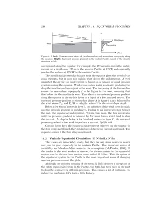 238 CHAPTER 14. EQUATORIAL PROCESSES
Sea Surface
Wind
C
A
B
Thermocline
Mixed Layer
∂P/∂x
East
West
Thermocline
Figure 14.5 Left: Cross-sectional sketch of the thermocline and sea-surface topography along
the equator. Right: Eastward pressure gradient in the central Paciﬁc caused by the density
structure at left.
and upward along the equator. For example, the 25◦
isotherm enters the under-
current at a depth near 125 m in the western Paciﬁc at 170◦
E and eventually
reaches the surface at 125◦
W in the eastern Paciﬁc.
The meridional geostrophic balance near the equator gives the speed of the
zonal currents, but it does not explain what drives the undercurrent. A very
simpliﬁed theory for the undercurrent is based on a balance of zonal pressure
gradients along the equator. Wind stress pushes water westward, producing the
deep thermocline and warm pool in the west. The deepening of the thermocline
causes the sea-surface topography ζ to be higher in the west, assuming that
ﬂow below the thermocline is weak. Thus there is an eastward pressure gradient
along the equator in the surface layers to a depth of a few hundred meters. The
eastward pressure gradient at the surface (layer A in ﬁgure 14.5) is balanced by
the wind stress Tx, and Tx/H = −∂p/∂x, where H is the mixed-layer depth
Below a few tens of meters in layer B, the inﬂuence of the wind stress is small,
and the pressure gradient is unbalanced, leading to an accelerated ﬂow toward
the east, the equatorial undercurrent. Within this layer, the ﬂow accelerates
until the pressure gradient is balanced by frictional forces which tend to slow
the current. At depths below a few hundred meters in layer C, the eastward
pressure gradient is too weak to produce a current, ∂p/∂x ≈ 0.
Coriolis forces keep the equatorial undercurrent centered on the equator. If
the ﬂow strays northward, the Coriolis force deﬂects the current southward. The
opposite occurs if the ﬂow strays southward.
14.2 Variable Equatorial Circulation: El Ni˜no/La Ni˜na
The trades are remarkably steady, but they do vary from month to month
and year to year, especially in the western Paciﬁc. One important source of
variability are Madden-Julian waves in the atmosphere (McPhaden, 1999). If
the trades in the west weaken or reverse, the air-sea system in the equatorial
regions can be thrown into another state called El Ni˜no. This disruption of
the equatorial system in the Paciﬁc is the most important cause of changing
weather patterns around the globe.
Although the modern meaning of the term El Ni˜no denotes a disruption of
the entire equatorial system in the Paciﬁc, the term has been used in the past
to describe several very diﬀerent processes. This causes a lot of confusion. To
reduce the confusion, let’s learn a little history.
 