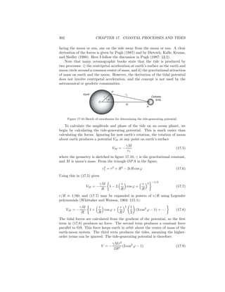 302 CHAPTER 17. COASTAL PROCESSES AND TIDES
facing the moon or sun, one on the side away from the moon or sun. A clear
derivation of the forces is given by Pugh (1987) and by Dietrich, Kalle, Krauss,
and Siedler (1980). Here I follow the discussion in Pugh (1987: §3.2).
Note that many oceanographic books state that the tide is produced by
two processes: i) the centripetal acceleration at earth’s surface as the earth and
moon circle around a common center of mass, and ii) the gravitational attraction
of mass on earth and the moon. However, the derivation of the tidal potential
does not involve centripetal acceleration, and the concept is not used by the
astronomical or geodetic communities.
Celestial
body
A
P
R
Earth
O
r
r1
ϕ
Figure 17.10 Sketch of coordinates for determining the tide-generating potential.
To calculate the amplitude and phase of the tide on an ocean planet, we
begin by calculating the tide-generating potential. This is much easier than
calculating the forces. Ignoring for now earth’s rotation, the rotation of moon
about earth produces a potential VM at any point on earth’s surface
VM = −
γM
r1
(17.5)
where the geometry is sketched in ﬁgure 17.10, γ is the gravitational constant,
and M is moon’s mass. From the triangle OPA in the ﬁgure,
r2
1 = r2
+ R2
− 2rR cos ϕ (17.6)
Using this in (17.5) gives
VM = −
γM
R
1 − 2
r
R
cos ϕ +
r
R
2 −1/2
(17.7)
r/R ≈ 1/60, and (17.7) may be expanded in powers of r/R using Legendre
polynomials (Whittaker and Watson, 1963: §15.1):
VM = −
γM
R
1 +
r
R
cos ϕ +
r
R
2 1
2
(3 cos2
ϕ − 1) + · · · (17.8)
The tidal forces are calculated from the gradient of the potential, so the ﬁrst
term in (17.8) produces no force. The second term produces a constant force
parallel to OA. This force keeps earth in orbit about the center of mass of the
earth-moon system. The third term produces the tides, assuming the higher-
order terms can be ignored. The tide-generating potential is therefore:
V = −
γMr2
2R3
(3 cos2
ϕ − 1) (17.9)
 
