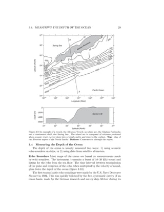 3.4. MEASURING THE DEPTH OF THE OCEAN 29
Longitude (West)
Latitude(North)
-5000
-5000
-5000
-5000
-4000
-4000
-3000
-3000
-2000
-2000
-1000
-1000
-500
-500
-200
-200
-50
-50
-200
0
0
-50
-200
-500
0
-6000
167o
165o
163o
161o
159o
157o
155o
51o
52o
53o
54o
55o
56o
57o
51o
52o
53 o
54 o
55 o
56 o
57 o
Latitude (North)
-6000
-4000
-2000
0
Depth(m)
Section A:B
A
B
Alaskan Peninsula
Bering Sea
Aleutian Trench
Pacific Ocean
Figure 3.9 An example of a trench, the Aleutian Trench; an island arc, the Alaskan Peninsula;
and a continental shelf, the Bering Sea. The island arc is composed of volcanos produced
when oceanic crust carried deep into a trench melts and rises to the surface. Top: Map of
the Aleutian region of the North Paciﬁc. Bottom: Cross-section through the region.
3.4 Measuring the Depth of the Ocean
The depth of the ocean is usually measured two ways: 1) using acoustic
echo-sounders on ships, or 2) using data from satellite altimeters.
Echo Sounders Most maps of the ocean are based on measurements made
by echo sounders. The instrument transmits a burst of 10–30 kHz sound and
listens for the echo from the sea ﬂoor. The time interval between transmission
of the pulse and reception of the echo, when multiplied by the velocity of sound,
gives twice the depth of the ocean (ﬁgure 3.10).
The ﬁrst transatlantic echo soundings were made by the U.S. Navy Destroyer
Stewart in 1922. This was quickly followed by the ﬁrst systematic survey of an
ocean basin, made by the German research and survey ship Meteor during its
 