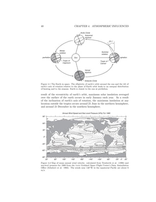 40 CHAPTER 4. ATMOSPHERIC INFLUENCES
Sun
Tropic of
Capricorn
Winter
solstice
Arctic Circle
Autumnal
equinox
Antarctic Circle
Vernal
equinox
Tropic of
Cancer
Summer
solstice
23 1
2
o
perihelion aphelion
Figure 4.1 The Earth in space. The ellipticity of earth’s orbit around the sun and the tilt of
earth’s axis of rotation relative to the plane of Earth orbit leads to an unequal distribution
of heating and to the seasons. Earth is closest to the sun at perihelion.
result of the eccentricity of earth’s orbit, maximum solar insolation averaged
over the surface of the earth occurs in early January each year. As a result
of the inclination of earth’s axis of rotation, the maximum insolation at any
location outside the tropics occurs around 21 June in the northern hemisphere,
and around 21 December in the southern hemisphere.
Annual Wind Speed and Sea Level Pressure (hPa) For 1989
1012 1012 10141014
1014
1014
1014
1012
1014
1014
1014
1014
1014
1014 1014
1012
1012
1012
1012
1012
1018
1018
1018
1012
1018
1018
1018
1012
1014
1018
1018
1000
990
990
1000
1000
1010 1010
1010
1010
1010
1010
1010
1020
980
1010
1020
1010
1020
980
1010
1020
1020
1010
1012
1014
1012
1010
990 990
990
20o
60o
100o
140o
180o
-140o
-100o
-60o
-20o
20o
-90o
-60o
-30o
0o
30o
60o
90o
0o
Figure 4.2 Map of mean annual wind velocity calculated from Trenberth et al. (1990) and
sea-level pressure for 1989 from the nasa Goddard Space Flight Center’s Data Assimilation
Oﬃce (Schubert et al. 1993). The winds near 140◦W in the equatorial Paciﬁc are about 8
m/s.
 