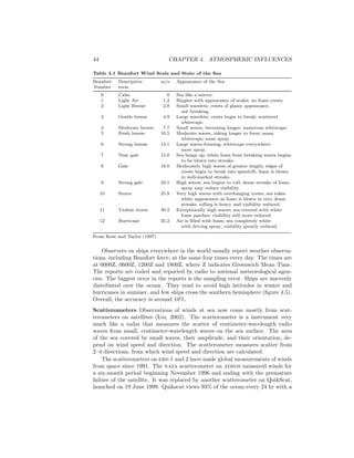 44 CHAPTER 4. ATMOSPHERIC INFLUENCES
Table 4.1 Beaufort Wind Scale and State of the Sea
Beaufort Descriptive m/s Appearance of the Sea
Number term
0 Calm 0 Sea like a mirror.
1 Light Air 1.2 Ripples with appearance of scales; no foam crests.
2 Light Breeze 2.8 Small wavelets; crests of glassy appearance,
not breaking.
3 Gentle breeze 4.9 Large wavelets; crests begin to break; scattered
whitecaps.
4 Moderate breeze 7.7 Small waves, becoming longer; numerous whitecaps.
5 Fresh breeze 10.5 Moderate waves, taking longer to form; many
whitecaps; some spray.
6 Strong breeze 13.1 Large waves forming; whitecaps everywhere;
more spray.
7 Near gale 15.8 Sea heaps up; white foam from breaking waves begins
to be blown into streaks.
8 Gale 18.8 Moderately high waves of greater length; edges of
crests begin to break into spindrift; foam is blown
in well-marked streaks.
9 Strong gale 22.1 High waves; sea begins to roll; dense streaks of foam;
spray may reduce visibility.
10 Storm 25.9 Very high waves with overhanging crests; sea takes
white appearance as foam is blown in very dense
streaks; rolling is heavy and visibility reduced.
11 Violent storm 30.2 Exceptionally high waves; sea covered with white
foam patches; visibility still more reduced.
12 Hurricane 35.2 Air is ﬁlled with foam; sea completely white
with driving spray; visibility greatly reduced.
From Kent and Taylor (1997)
Observers on ships everywhere in the world usually report weather observa-
tions, including Beaufort force, at the same four times every day. The times are
at 0000Z, 0600Z, 1200Z and 1800Z, where Z indicates Greenwich Mean Time.
The reports are coded and reported by radio to national meteorological agen-
cies. The biggest error in the reports is the sampling error. Ships are unevenly
distributed over the ocean. They tend to avoid high latitudes in winter and
hurricanes in summer, and few ships cross the southern hemisphere (ﬁgure 4.5).
Overall, the accuracy is around 10%.
Scatterometers Observations of winds at sea now come mostly from scat-
terometers on satellites (Liu, 2002). The scatterometer is a instrument very
much like a radar that measures the scatter of centimeter-wavelength radio
waves from small, centimeter-wavelength waves on the sea surface. The area
of the sea covered by small waves, their amplitude, and their orientation, de-
pend on wind speed and direction. The scatterometer measures scatter from
2–4 directions, from which wind speed and direction are calculated.
The scatterometers on ers-1 and 2 have made global measurements of winds
from space since 1991. The nasa scatterometer on adeos measured winds for
a six-month period beginning November 1996 and ending with the premature
failure of the satellite. It was replaced by another scatterometer on QuikScat,
launched on 19 June 1999. Quikscat views 93% of the ocean every 24 hr with a
 