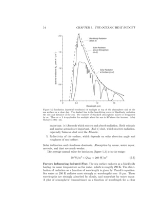 54 CHAPTER 5. THE OCEANIC HEAT BUDGET
Solar Radiation
at Surface (m=2)
Blackbody Radiation
(5900 K)
Solar Radiation
above Atmosphere
(m=0)
0.5 1.0 1.5
2.0
1.5
1.0
0.5
Wavelength (µm)
SpectralIrradianceEλ(kWm-2
⋅µm-1
)
0
0
Figure 5.2 Insolation (spectral irradiance) of sunlight at top of the atmosphere and at the
sea surface on a clear day. The dashed line is the best-ﬁtting curve of blackbody radiation
the size and distance of the sun. The number of standard atmospheric masses is designated
by m. Thus m = 2 is applicable for sunlight when the sun is 30◦above the horizon. After
Stewart (1985: 43).
important. iv) Aerosols which scatter and absorb radiation. Both volcanic
and marine aerosols are important. And v) dust, which scatters radiation,
especially Saharan dust over the Atlantic.
5. Reﬂectivity of the surface, which depends on solar elevation angle and
roughness of sea surface.
Solar inclination and cloudiness dominate. Absorption by ozone, water vapor,
aerosols, and dust are much weaker.
The average annual value for insolation (ﬁgure 5.3) is in the range:
30 W/m2
< QSW < 260 W/m2
(5.5)
Factors Inﬂuencing Infrared Flux The sea surface radiates as a blackbody
having the same temperature as the water, which is roughly 290 K. The distri-
bution of radiation as a function of wavelength is given by Planck’s equation.
Sea water at 290 K radiates most strongly at wavelengths near 10 µm. These
wavelengths are strongly absorbed by clouds, and somewhat by water vapor.
A plot of atmospheric transmittance as a function of wavelength for a clear
 
