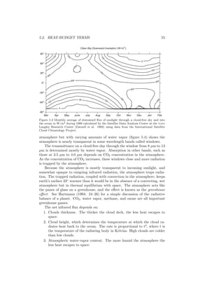 5.2. HEAT-BUDGET TERMS 55
150
150
300
300
300
300
300
300
150
150
150
350
350
0
0
50
350
Clear-Sky Downward Insolation (W/m2
)
Mar Apr May June July Aug Sep Oct Nov Dec Jan Feb
-90o
-60o
-30o
0o
30o
60o
90o
Figure 5.3 Monthly average of downward ﬂux of sunlight through a cloud-free sky and into
the ocean in W/m2 during 1989 calculated by the Satellite Data Analysis Center at the nasa
Langley Research Center (Darnell et al. 1992) using data from the International Satellite
Cloud Climatology Project.
atmosphere but with varying amounts of water vapor (ﬁgure 5.4) shows the
atmosphere is nearly transparent in some wavelength bands called windows.
The transmittance on a cloud-free day through the window from 8 µm to 13
µm is determined mostly by water vapor. Absorption in other bands, such as
those at 3.5 µm to 4.0 µm depends on CO2 concentration in the atmosphere.
As the concentration of CO2 increases, these windows close and more radiation
is trapped by the atmosphere.
Because the atmosphere is mostly transparent to incoming sunlight, and
somewhat opaque to outgoing infrared radiation, the atmosphere traps radia-
tion. The trapped radiation, coupled with convection in the atmosphere, keeps
earth’s surface 33◦
warmer than it would be in the absence of a convecting, wet
atmosphere but in thermal equilibrium with space. The atmosphere acts like
the panes of glass on a greenhouse, and the eﬀect is known as the greenhouse
eﬀect. See Hartmann (1994: 24–26) for a simple discussion of the radiative
balance of a planet. CO2, water vapor, methane, and ozone are all important
greenhouse gasses.
The net infrared ﬂux depends on:
1. Clouds thickness. The thicker the cloud deck, the less heat escapes to
space.
2. Cloud height, which determines the temperature at which the cloud ra-
diates heat back to the ocean. The rate is proportional to t4
, where t is
the temperature of the radiating body in Kelvins. High clouds are colder
than low clouds.
3. Atmospheric water-vapor content. The more humid the atmosphere the
less heat escapes to space.
 