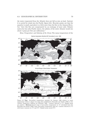 6.3. GEOGRAPHICAL DISTRIBUTION 79
the water evaporated from the Atlantic does not fall as rain on land. Instead,
it is carried by winds into the Paciﬁc (ﬁgure 6.6). Broecker points out that the
quantity is small, equivalent to a little more than the ﬂow in the Amazon River,
but “were this ﬂux not compensated by an exchange of more salty Atlantic
waters for less salty Paciﬁc waters, the salinity of the entire Atlantic would rise
about 1 gram per liter per millennium.”
Mean Temperature and Salinity of the Ocean The mean temperature of the
1 1
222
3
3
3 3
4
4
4
4
4
4
6
5
33
3
3
3
3 2
4
4
4
4
5
5
4
4 4 4
1
1
112 2 2 2 3
3
33
9
10
8
6
6
7
3
2
4
4
4
3
3
5
15
12
4
5
5
5
5
5
5
5
6
6
6
6
6
7
11
12
14
986
4
7
8
9
1011121314
14
15
1617
2
2
2
2
5
5
5 5
5
6
2
1
7 896
3
2
1
2
2
56
2
7
7
8
8
8
9
9
10111213141516
17
1819
20
7
10
11
5
6
16
17
Annual Range of Sea-Surface Temperature
20o
60o
100o
140o
180o
-140o
-100o
-60o
-20o
20o
-90o
-60o
-30o
0o
30o
60o
90o
0o
0
0
0
0
1
1
0
0
0
0
0
0
0
00
1
00
0
1
0
0
1
1
0
1
1
1
0
00
1
0
0
0
11
Optimal Interpolation Monthly SST Anomalies for Jan. 1996
20o
60o
100o
140o
180o
-140o
-100o
-60o
-20o
20o
-90o
-60o
-30o
0o
30o
60o
90o
0o
Figure 6.3 Top: Sea-surface temperature anomaly for January 1996 relative to mean
temperature shown in ﬁgure 6.2 using data published by Reynolds and Smith (1995) in the
Climate Diagnostics Bulletin for February 1995. Contour interval is 1◦C. Shaded areas
are positive. Bottom:Annual range of sea-surface temperature in ◦C calculated from the
Reynolds and Smith (1995) mean sea-surface temperature data set. Contour interval is 1◦C
with heavy contours at 4◦C and 8◦C. Shaded areas exceed 8◦C.
 