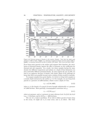 86 CHAPTER 6. TEMPERATURE, SALINITY, AND DENSITY
7000
6000
5000
4000
3000
2000
1000
0m
-80o
ANTARCTICA
GREENLAND-ICELAND
RIDGE
-60o
-40o
-20o
0o
20o
40o
60o
80o
28.08
28.027.7
27.927.7
27.8
26.0
25.0
26.0
24.0
26.0
27.0
27.4
27.6
27.7
27.8
27.2 27.0
27.88 27.85
27.88 27.88
27.9
27.92
27.85
27.9
27.94
46.0
46.1
45.6
45.4
45.0
43.0
41.0
45.2
45.6
45.6
45.7
45.4
45.0
44.0
45.7
45.6 45.6
45.5
45.4
45.4
45.2
46.0
46.4
>46.4
46.4
46.2
46.1
45.9
45.8
46.0 45.95
45.9
45.8
45.93
46.0
43.0
42.0
40.0
7000
6000
5000
4000
3000
2000
1000
0m
-80o
ANTARCTICA
GREENLAND-ICELAND
RIDGE
-60o
-40o
-20o
0o
20o
40o
60o
80o
Pressure(decibars)
σ4000
σtheta
Figure 6.10 Vertical sections of density in the western Atlantic. Note that the depth scale
changes at 1000 m depth. Upper: σΘ, showing an apparent density inversion below 3,000 m.
Lower: σ4 showing continuous increase in density with depth. After Lynn and Reid (1968).
If we bring water parcels to the surface and compare their densities, the calcu-
lation of potential density ignores the eﬀect of pressure on the coeﬃcients for
thermal and salt expansion. As a result, two water samples having the same
density but diﬀerent temperature and salinity at a depth of four kilometers can
have noticeably diﬀerent potential density. In some regions the use of ρ(Θ) can
lead to an apparent decrease of density with depth (ﬁgure 6.10) although we
know that this is not possible because such a column of water would be unstable.
To compare samples from great depths, it is better to bring both samples to
a nearby depth instead of to the surface p = 0. For example, we can bring both
parcels to a pressure of 4,000 decibars, which is near a depth of 4 km:
σ4 = σ(S, Θ, 4000) (6.10)
where σ4 is the density of a parcel of water brought adiabatically to a pressure
of 4,000 decibars. More generally, oceanographers sometimes use ρr
σr = σ(S, Θ, p, pr) (6.11)
where p is pressure, and pr is pressure at some reference level. In (6.8) the level
is pr = 0 decibars, and in (6.9) pr = 4000 decibars.
The use of σr leads to problems. If we wish to follow parcels of water deep
in the ocean, we might use σ3 in some areas, and σ4 in others. But what
 