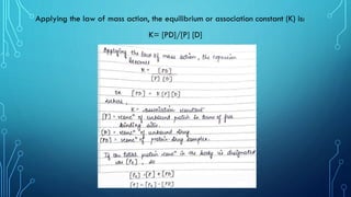 Applying the law of mass action, the equilibrium or association constant (K) is:
K= [PD]/[P] [D]
 