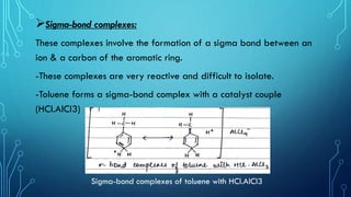 Sigma-bond complexes:
These complexes involve the formation of a sigma bond between an
ion & a carbon of the aromatic rin...