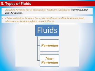  Based on Newton's law of viscous flow, fluids are classified as Newtonian and
non-Newtonian.
3. Types of Fluids
 Fluids that follow Newton's law of viscous flow are called Newtonian fluids,
whereas non-Newtonian fluids do not follow it.
Fluids
Newtonian
Non-
Newtonian
 
