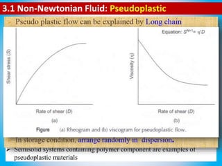 3.1 Non-Newtonian Fluid: Pseudoplastic
1. Shear-thinning behaviour is often referred to as pseudoplasticity.
2. Pseudoplastic material tends to become more fluid the faster they
are stirred.
3. The curve for a pseudoplastic material begins at the origin (or at
least approaches it at low rates of shear).
4. The curved rheogram for pseudoplastic materials is due to
shearing action on the long chain molecules of materials such as
linear polymers.
EXAMPLES:
 Weakly flocculated suspensions,
 Polymeric solutions such as solution of tragacanth,
 Methyl cellulose in water
 Sodium CMC in water
 Sodium alginate and cellulose derivatives' and
 Semisolid systems containing polymer component are examples of
pseudoplastic materials
 