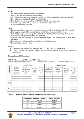 Manual: Physical Pharmacy-II Lab
Prepared By: Md. Imran Nur Manik Page 3
Lecturer; Department of Pharmacy; Northern University Bangladesh.
TOP
Part-B
1. Fix the viscometer with the burette stand vertically.
2. Pour 25 mL DW into the bulb C with a pipette.
3. Suck the liquid up near to the top of the left-limb with the help of a rubber tubing attached to it.
4. Now released the liquid to flow back into the bulb C.
5. Note the time (say t1) taken to flow the DW from A to B with a stopwatch.
6. Repeat the step 3–6 for at least 3 times and record all the efflux times.
7. Calculate the average flow time.
Part-C
1. Remove water from the viscometer and properly rinse it with the supplied sample (20% ethanol).
2. Pour supplied sample (20% ethanol) into the bulb C of the viscometer with a pipette.
3. Suck the liquid up near to the top of the left-limb with the help of a rubber tubing attached to it.
4. Now released the liquid to flow back into the bulb C.
5. Note the time (say t2) taken to flow the supplied sample (20% ethanol) from A to B with a
stopwatch.
6. Repeat the step 3-6 for at least 3 times and record all the efflux times.
7. Calculate the average flow time.
Part-D
1. Perform the processes of (part B an part C) at 25°C, 40°C and 50°C temperature.
2. Finally, calculate the relative viscosity of the supplied sample at the above mentioned
temperature.
Observation and Calculation:
Table-01: Measurement of density at different temperature
Weight of empty pycknometer, m1 (gm) = Volume of DW, Vw (mL) = Volume of Sample, V (mL) =
Temperature
Distilled Water Supplied Sample
Weight of
distilled
water and
pycnometer
m2 gm
Weight of
distilled water
mw = (m2–m1)
gm
Average
weight
of DW
Density
Vw
m
ρ
w
w 
g/mL
Weight of
Sample and
pycnometer
m3 gm
Weight of
Sample
m = (m3–m1)
gm
Average
weight of
Sample
Density
Vw
m
ρ1 
g/mL
25°C
40°C
50°C
Table-02: Viscosity of distilled water at the experimental temperatures.
Temperature
[°C]
Dynamic Viscosity
[mPa.s]
Kinetic Viscosity
[mm²/s]
25 0.89 0.8926
40 0.6527 0.6579
50 0.5465 0.5531
 