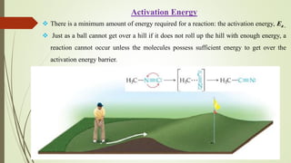Activation Energy
 There is a minimum amount of energy required for a reaction: the activation energy, Ea .
 Just as a ball cannot get over a hill if it does not roll up the hill with enough energy, a
reaction cannot occur unless the molecules possess sufficient energy to get over the
activation energy barrier.
 