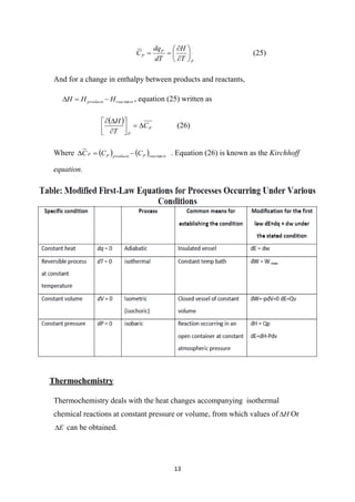 13
P
P
P
T
H
dT
dq
C 








 (25)
And for a change in enthalpy between products and reactants,
ts
reac
products H
H
H tan


 , equation (25) written as
 
P
P
C
T
H











(26)
Where     ts
reac
P
products
P
P C
C
C tan


 . Equation (26) is known as the Kirchhoff
equation.
Thermochemistry
Thermochemistry deals with the heat changes accompanying isothermal
chemical reactions at constant pressure or volume, from which values of H
 Or
E
 can be obtained.
 