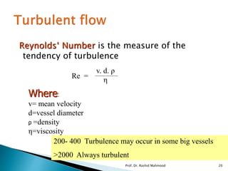 Reynolds‘ Number is the measure of the
tendency of turbulence
Re =
v. d. ρ
η
Where:
v= mean velocity
d=vessel diameter
ρ =density
η=viscosity
200- 400 Turbulence may occur in some big vessels
>2000 Always turbulent
Prof. Dr. Rashid Mahmood 20
 