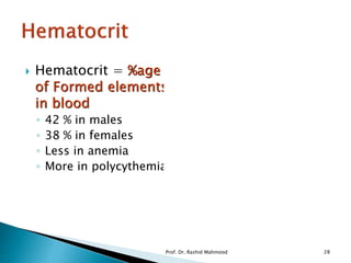  Hematocrit = %age
of Formed elements
in blood
◦ 42 % in males
◦ 38 % in females
◦ Less in anemia
◦ More in polycythemia
Prof. Dr. Rashid Mahmood 28
 