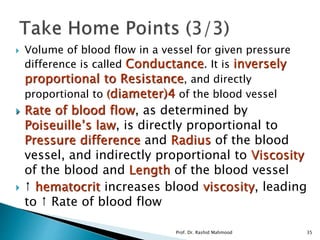  Volume of blood flow in a vessel for given pressure
difference is called Conductance. It is inversely
proportional to Resistance, and directly
proportional to (diameter)4 of the blood vessel
 Rate of blood flow, as determined by
Poiseuille’s law, is directly proportional to
Pressure difference and Radius of the blood
vessel, and indirectly proportional to Viscosity
of the blood and Length of the blood vessel
 ↑ hematocrit increases blood viscosity, leading
to ↑ Rate of blood flow
Prof. Dr. Rashid Mahmood 35
 