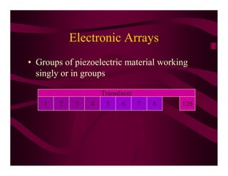 Electronic Arrays
• Groups of piezoelectric material working
  singly or in groups

                     Transducer
    1 ...