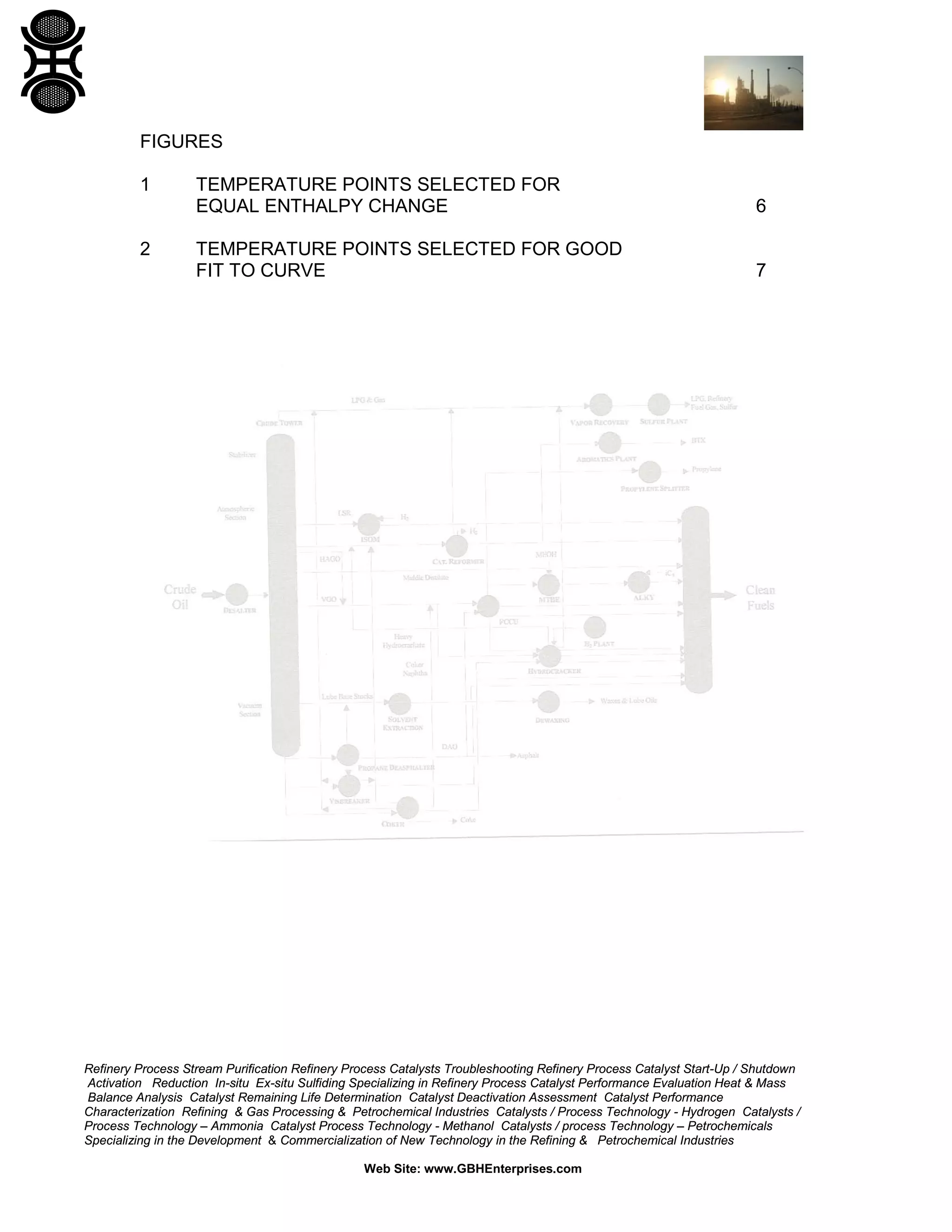 FIGURES
1

2

TEMPERATURE POINTS SELECTED FOR
EQUAL ENTHALPY CHANGE

6

TEMPERATURE POINTS SELECTED FOR GOOD
FIT TO CURVE

7

Refinery Process Stream Purification Refinery Process Catalysts Troubleshooting Refinery Process Catalyst Start-Up / Shutdown
Activation Reduction In-situ Ex-situ Sulfiding Specializing in Refinery Process Catalyst Performance Evaluation Heat & Mass
Balance Analysis Catalyst Remaining Life Determination Catalyst Deactivation Assessment Catalyst Performance
Characterization Refining & Gas Processing & Petrochemical Industries Catalysts / Process Technology - Hydrogen Catalysts /
Process Technology – Ammonia Catalyst Process Technology - Methanol Catalysts / process Technology – Petrochemicals
Specializing in the Development & Commercialization of New Technology in the Refining & Petrochemical Industries
Web Site: www.GBHEnterprises.com

 