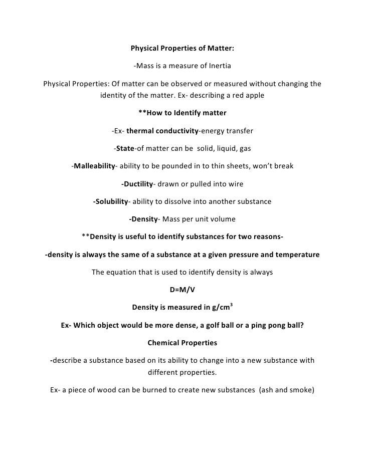 physical properties of matter notes physical properties of matter